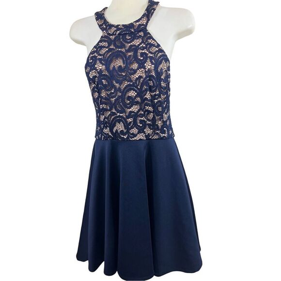 B Darlin Formal Dress size 9/10 Halter Open Back Navy Shimmer Lace Cocktail - Picture 11 of 16
